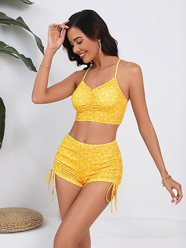 SOLY HUX Bikini Sets for Women Floral Print Top and Drawstring Side Shorts Bikini Bathing Suits 2 Piece Swimsuit
