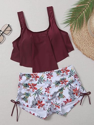 MakeMeChic Womens Swimsuits Two Piece Bathing Suits Ruffled Flounce Top High Waisted Bottom Bikini Set