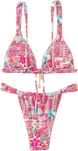Womens 2 Piece Floral Tropical Print Bikini Set Boho Triangle Bathing Suit Tie Backless Swimsuit Sets