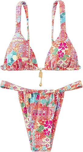 Womens 2 Piece Floral Tropical Print Bikini Set Boho Triangle Bathing Suit Tie Backless Swimsuit Sets