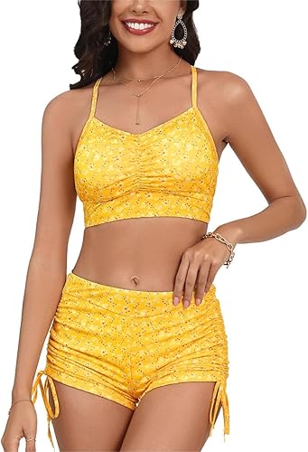 SOLY HUX Bikini Sets for Women Floral Print Top and Drawstring Side Shorts Bikini Bathing Suits 2 Piece Swimsuit