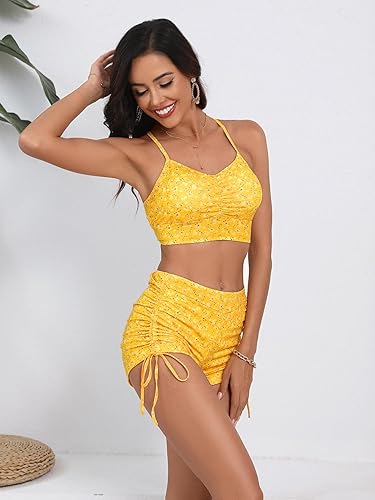 SOLY HUX Bikini Sets for Women Floral Print Top and Drawstring Side Shorts Bikini Bathing Suits 2 Piece Swimsuit