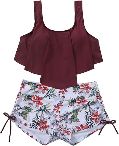 MakeMeChic Womens Swimsuits Two Piece Bathing Suits Ruffled Flounce Top High Waisted Bottom Bikini Set