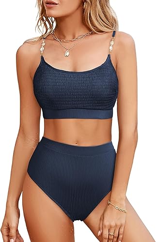 Herseas Womens 2 Piece Bikini Set Shirred Solid Color High Waisted Shell Strap 2025 Summer Beach Swim Bathing Suit