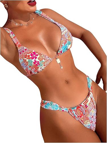 Womens 2 Piece Floral Tropical Print Bikini Set Boho Triangle Bathing Suit Tie Backless Swimsuit Sets